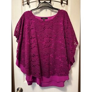 Caleesa Magenta Purple Floral Lace Overlay Poncho Blouse Top Womens 1X